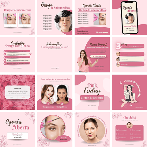 Pack Canva Design de Sobrancelhas Templates Editáveis 70 Artes + Bônus