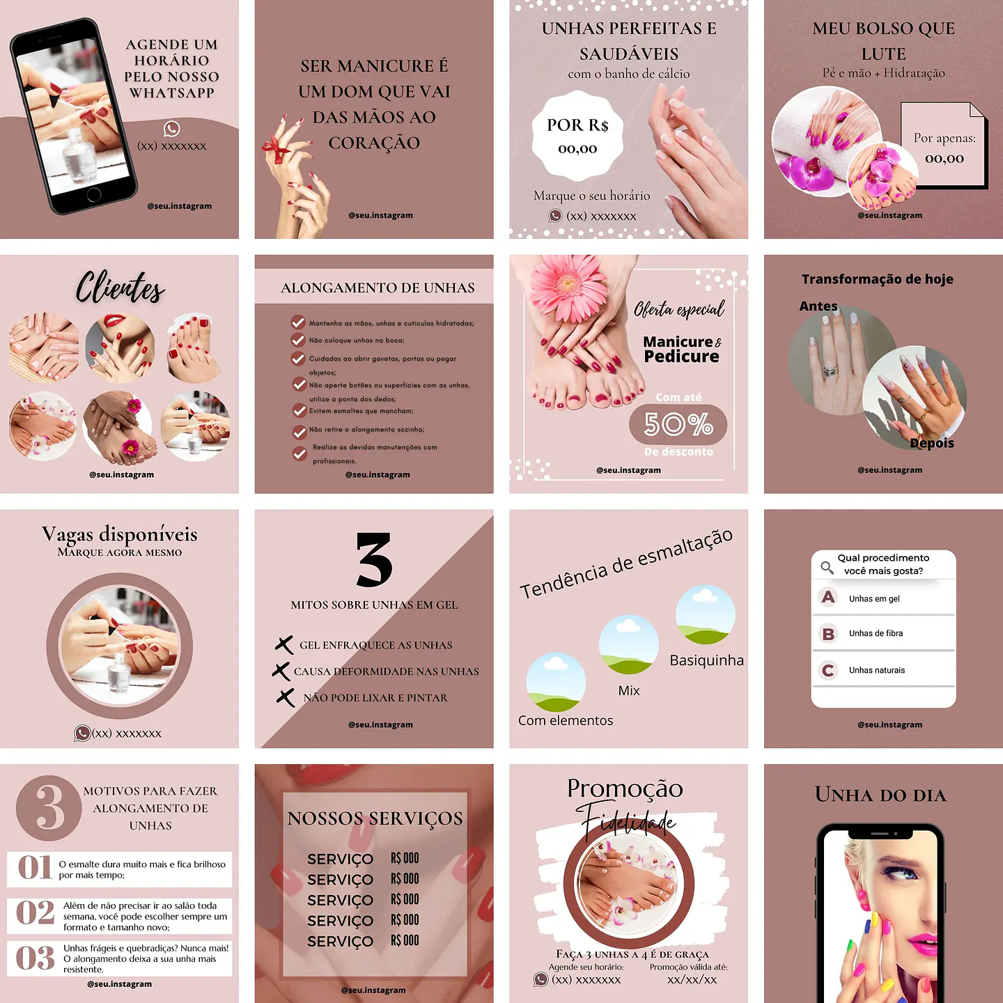 Pack Canva Manicure e Pedicure Templates Editáveis 100 Artes + Bônus 2