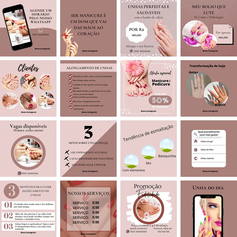 Pack Canva Manicure e Pedicure Templates Editáveis 100 Artes + Bônus 2
