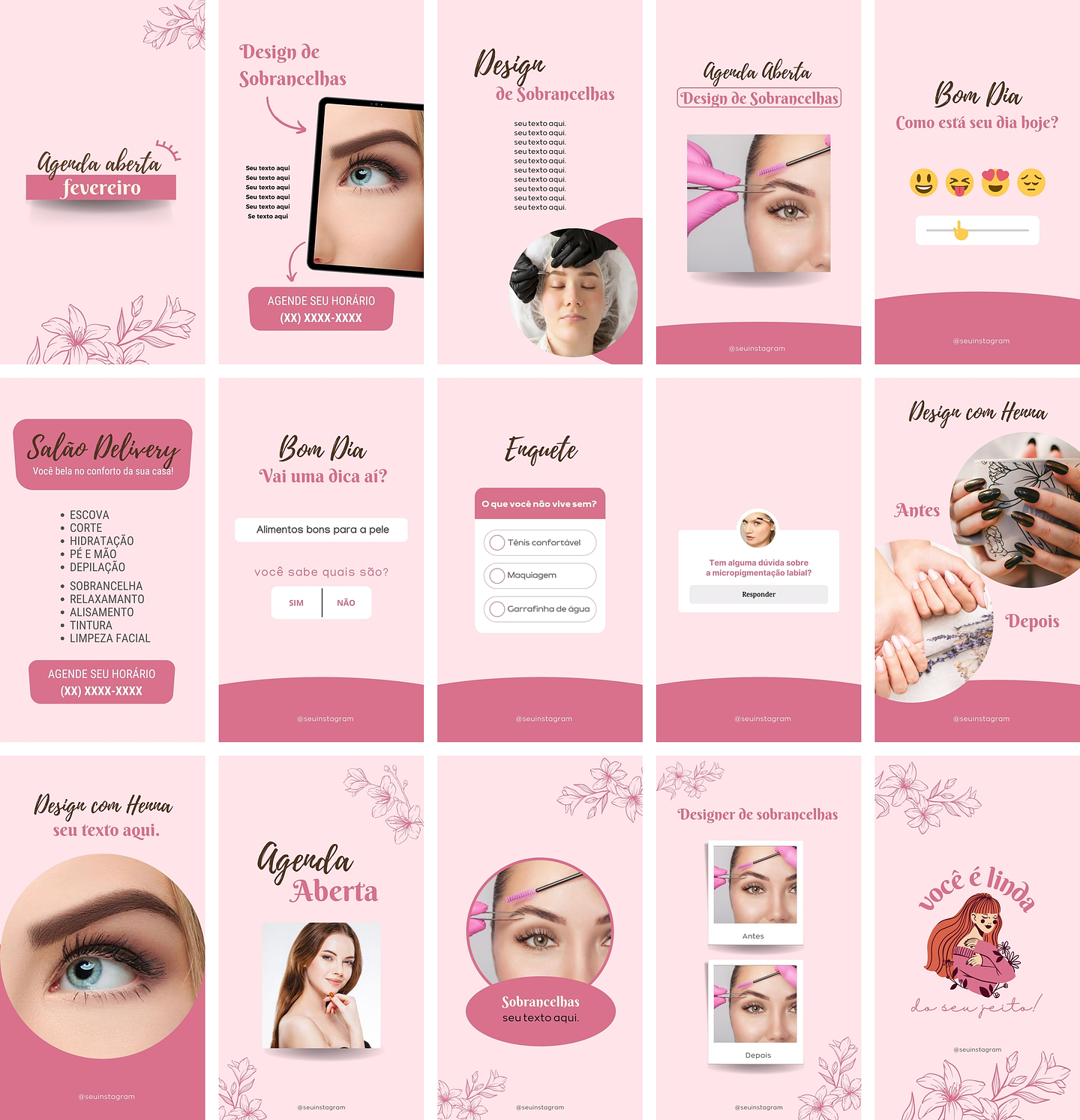 Pack Canva Design de Sobrancelhas Templates Editáveis 70 Artes + Bônus 3