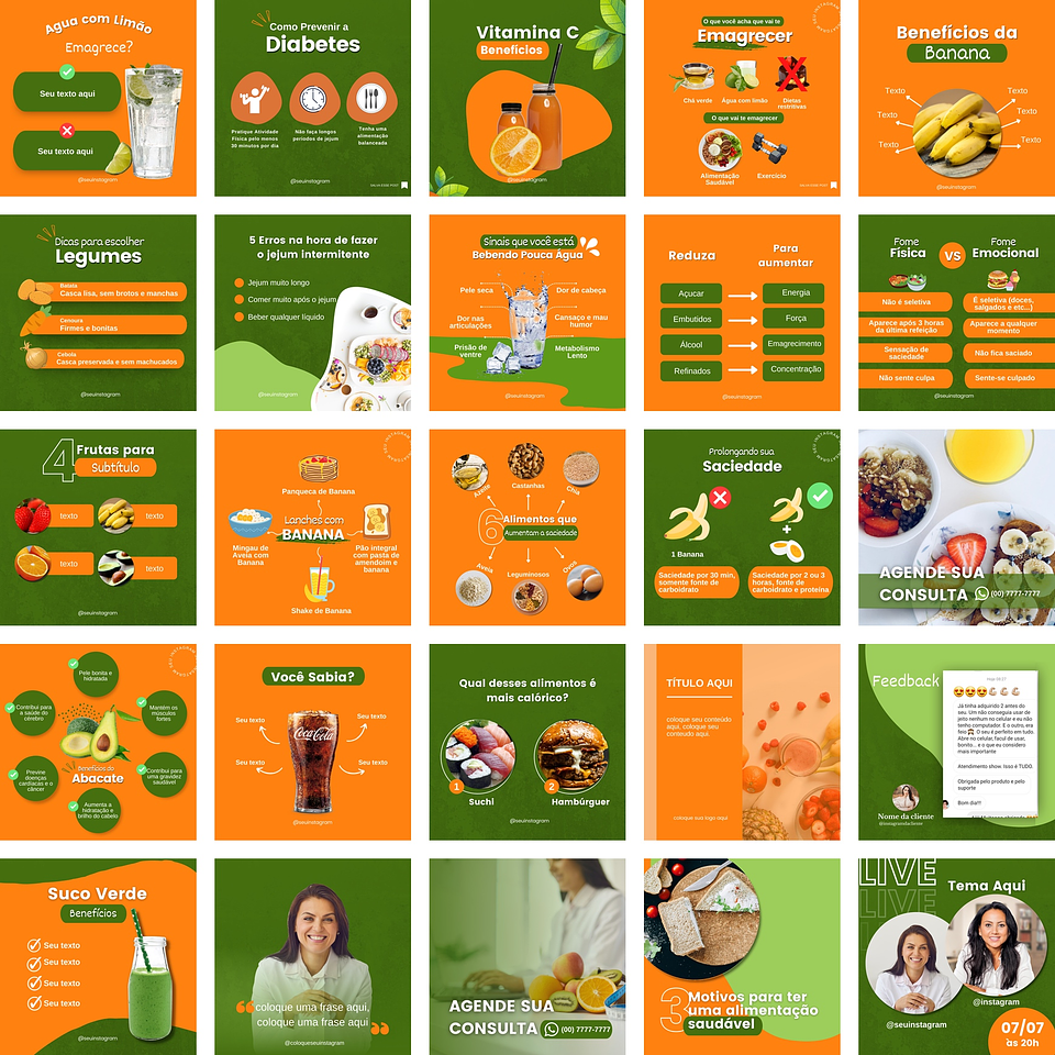 Pack Canva Nutricionista Nutrição Templates Editáveis 50 Artes + Bônus 2