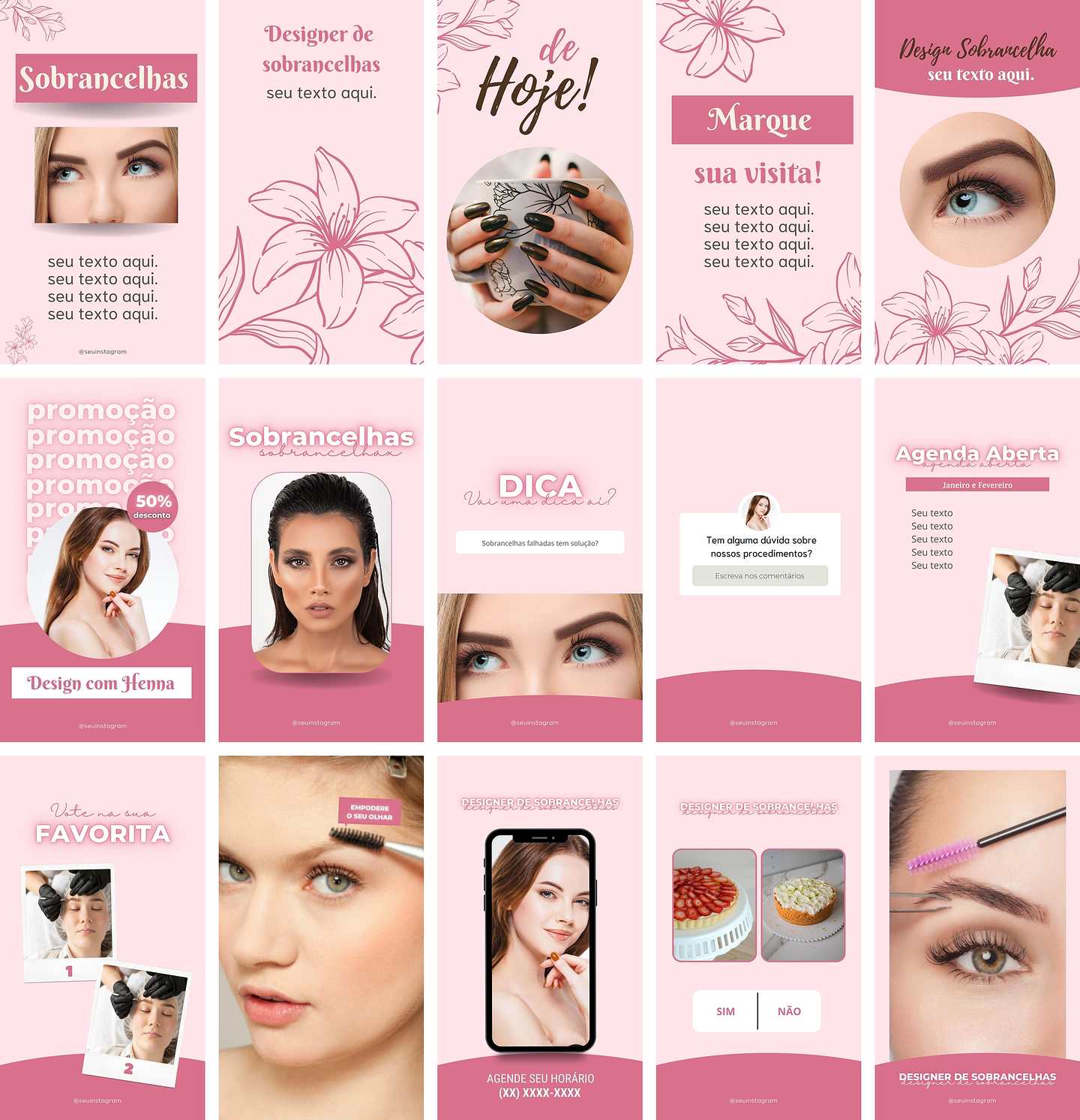 Pack Canva Design de Sobrancelhas Templates Editáveis 70 Artes + Bônus 4