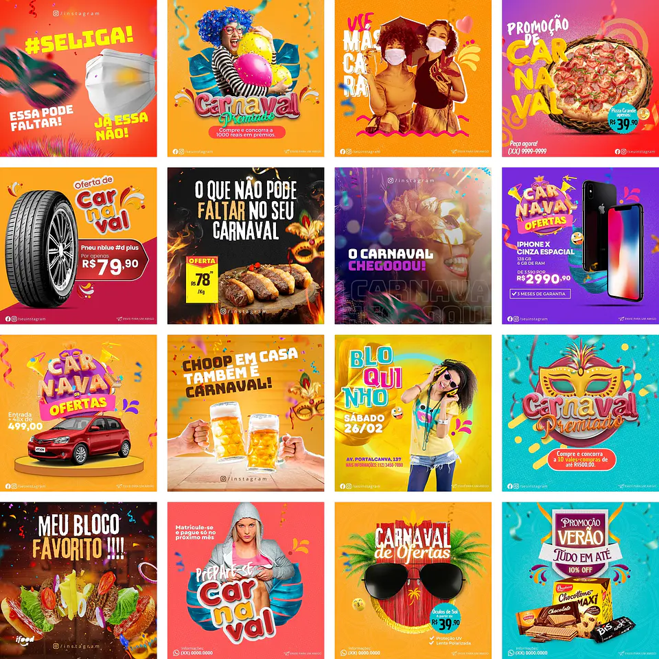 Pack Canva Carnaval Templates Editáveis 60 Artes + Bônus 1