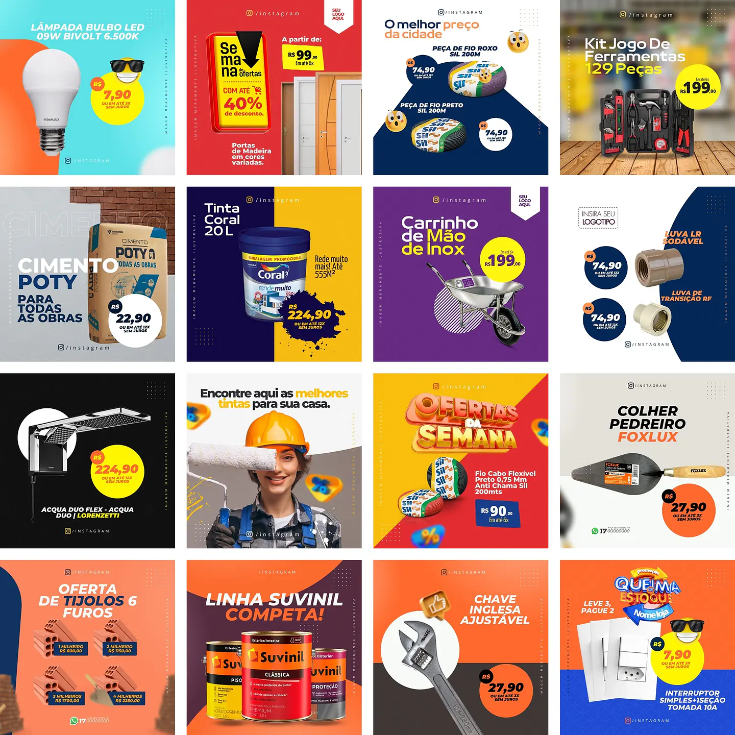 Pack Canva Materiais de Construção Templates Editáveis 90 Artes + Bônus 3
