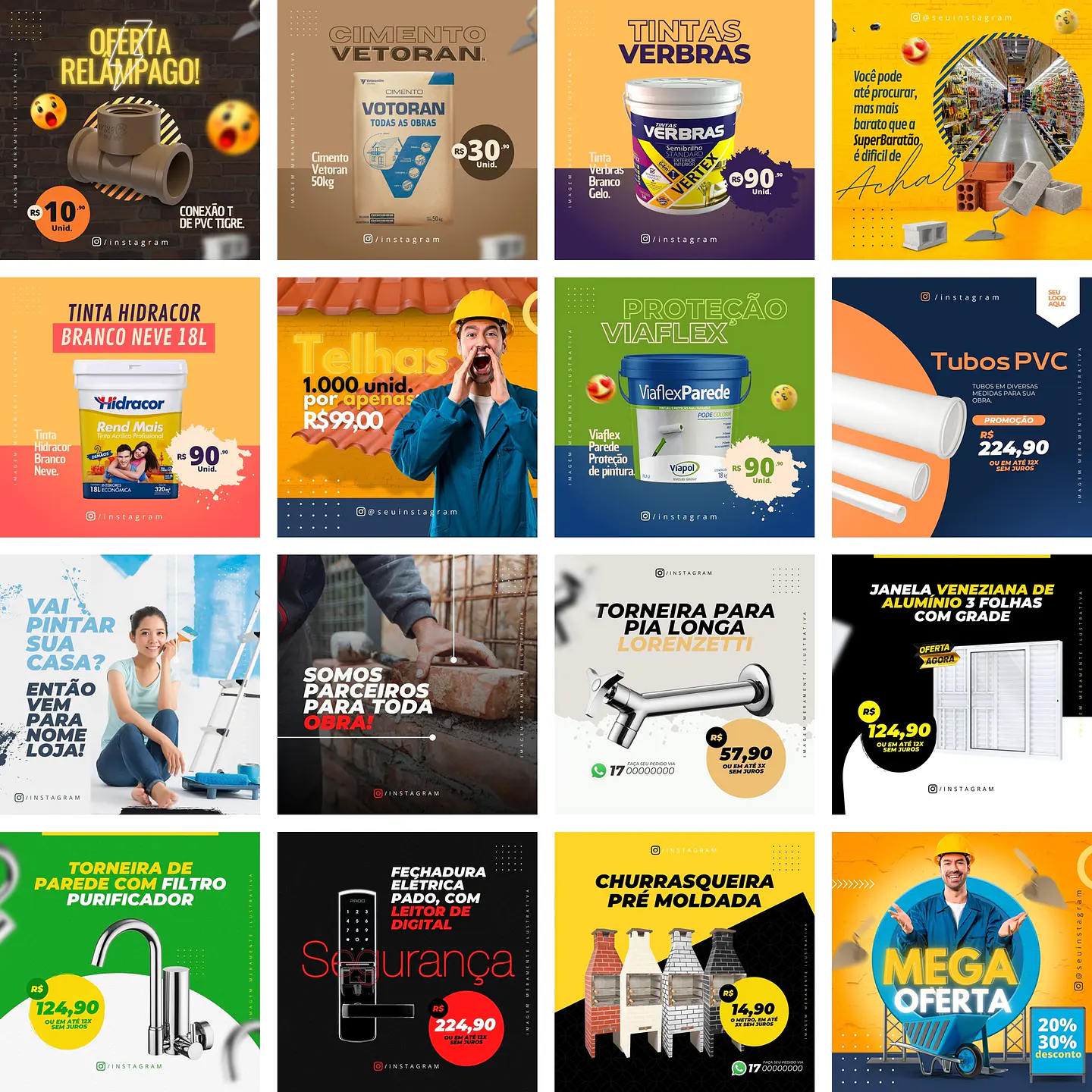 Pack Canva Materiais de Construção Templates Editáveis 90 Artes + Bônus 4