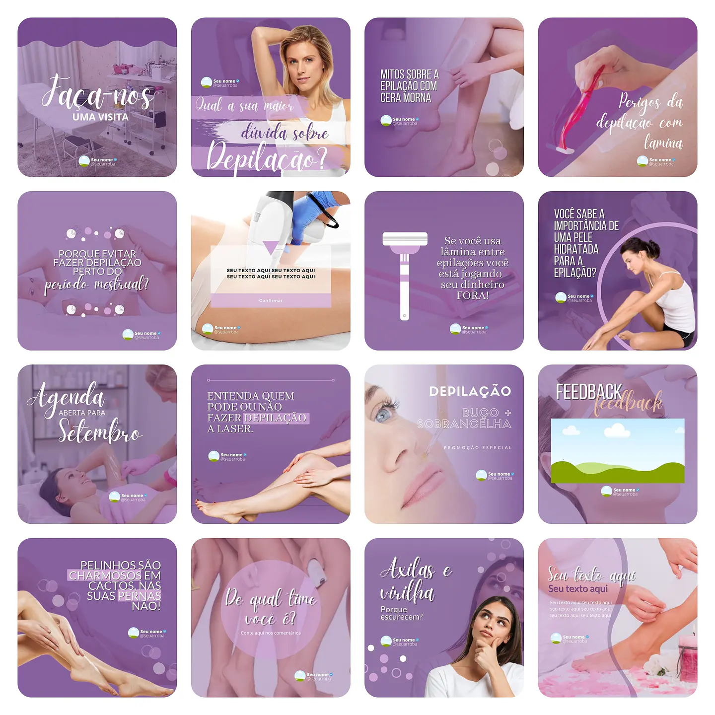 Pack Canva Depilação Depiladora Lilás 2.0 Templates Editáveis 33 Artes + Bônus 1