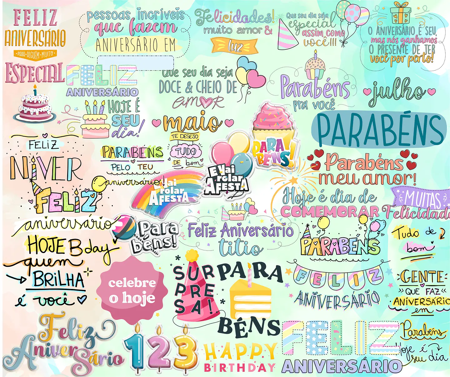 Kit Digital Lettering Frases Aniversário Festas Arquivos sem fundo Png 3