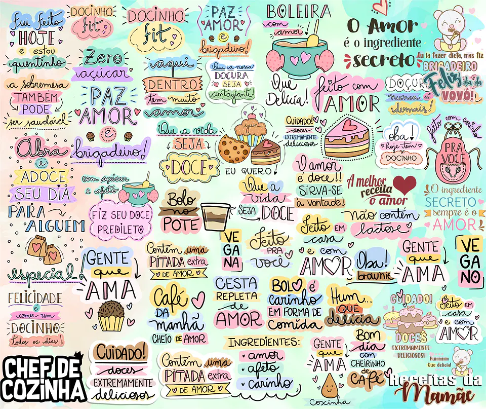 Kit Digital Lettering Frases Confeitaria Cozinheira Arquivos sem fundo Png 3