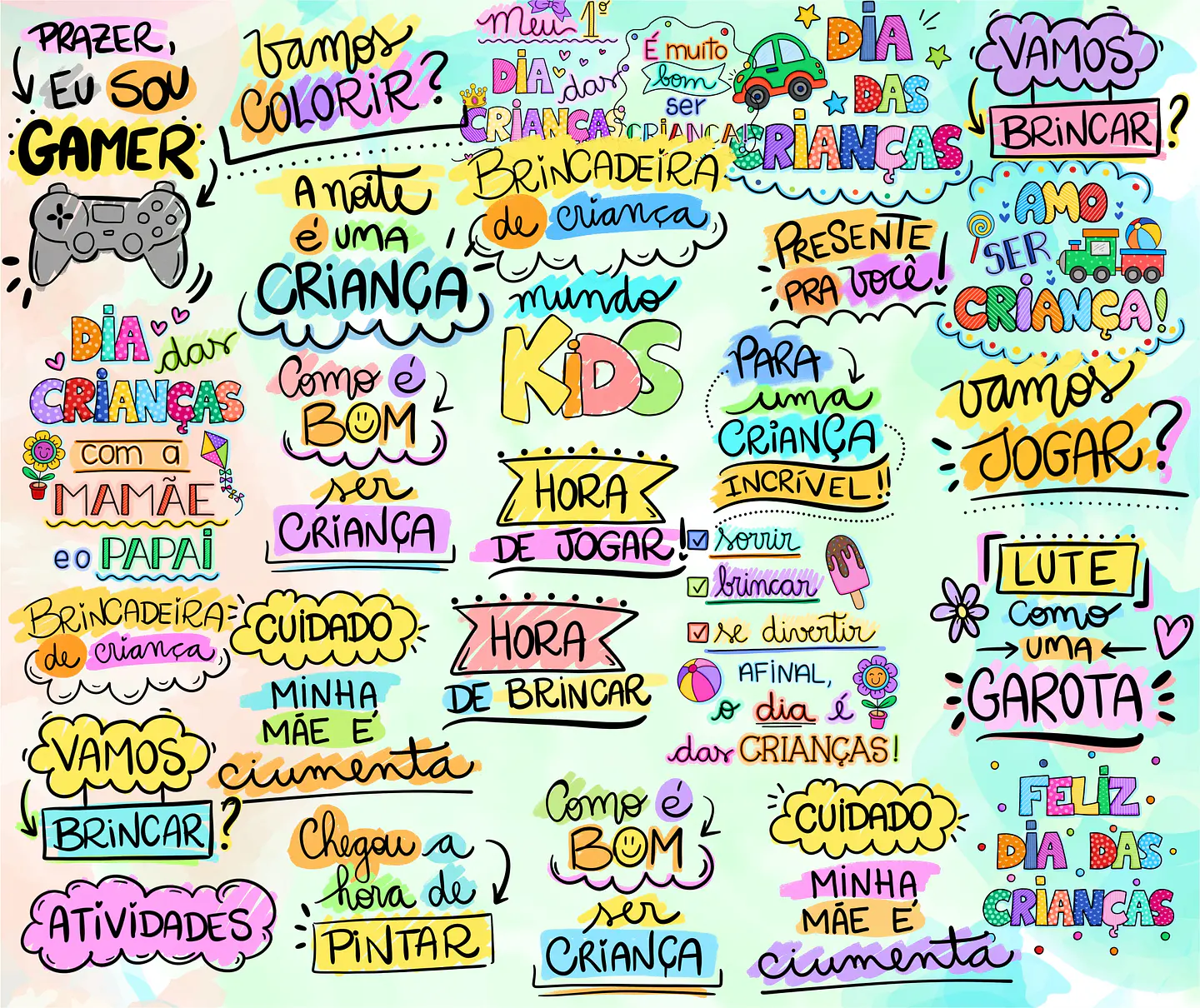 Kit Digital Lettering Frases Dia das Crianças Arquivos sem fundo Png 3