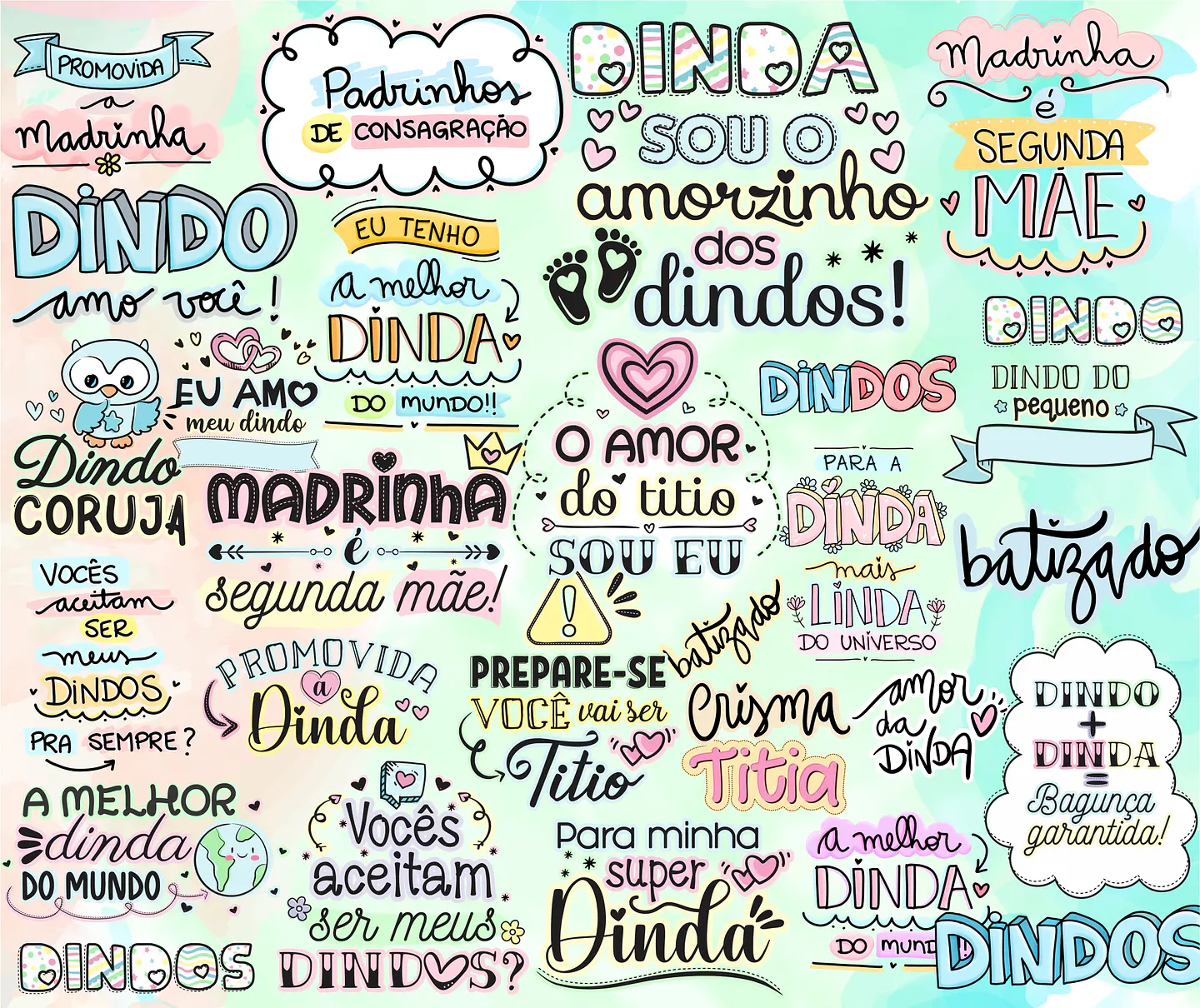 Kit Digital Lettering Frases Dindos Tios Dindas Tias Arquivos sem fundo Png 3