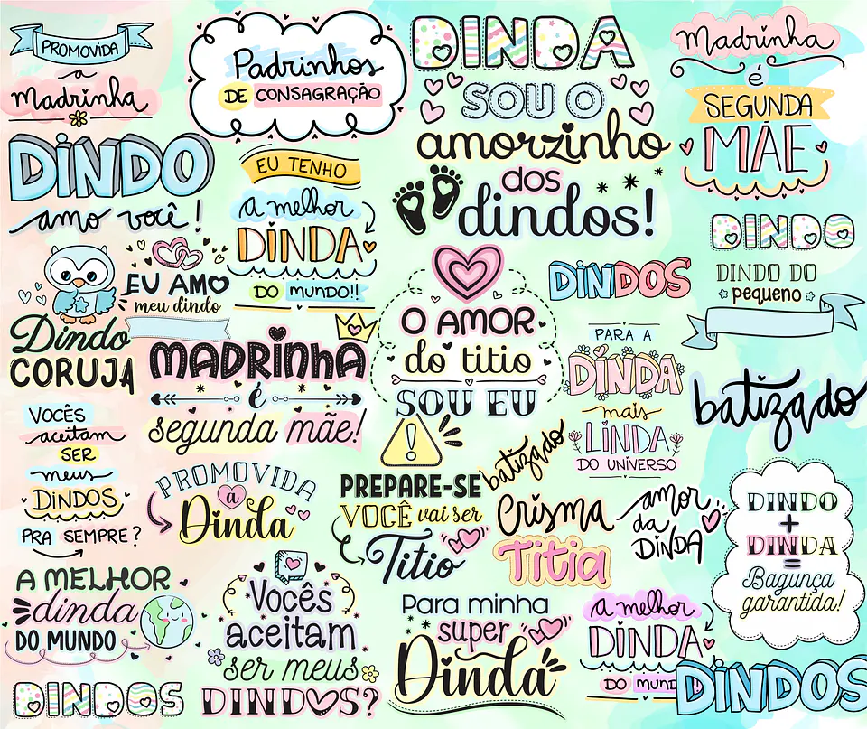 Kit Digital Lettering Frases Dindos Tios Dindas Tias Arquivos sem fundo Png 3
