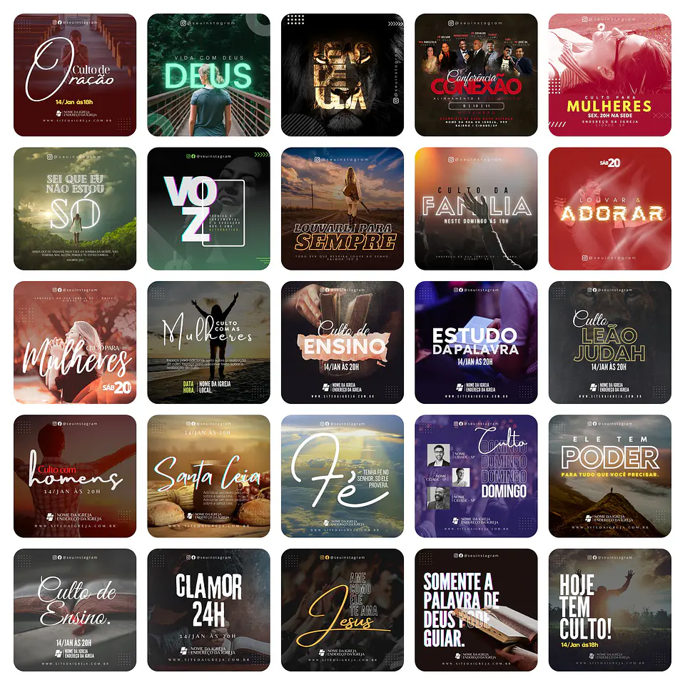 Pack Canva Igreja Culto Gospel Templates Editáveis 80 Artes + Bônus 1