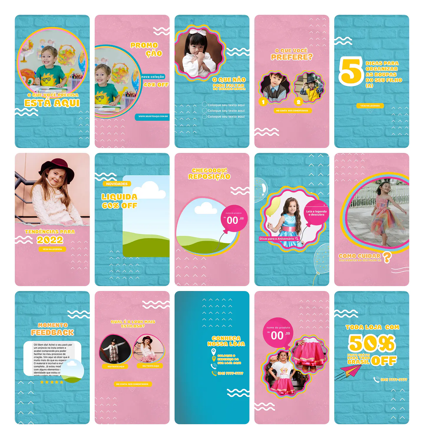 Pack Canva Loja de Roupa Infantil Kids Template Editável 30 Artes Animados Storie + Bônus 1