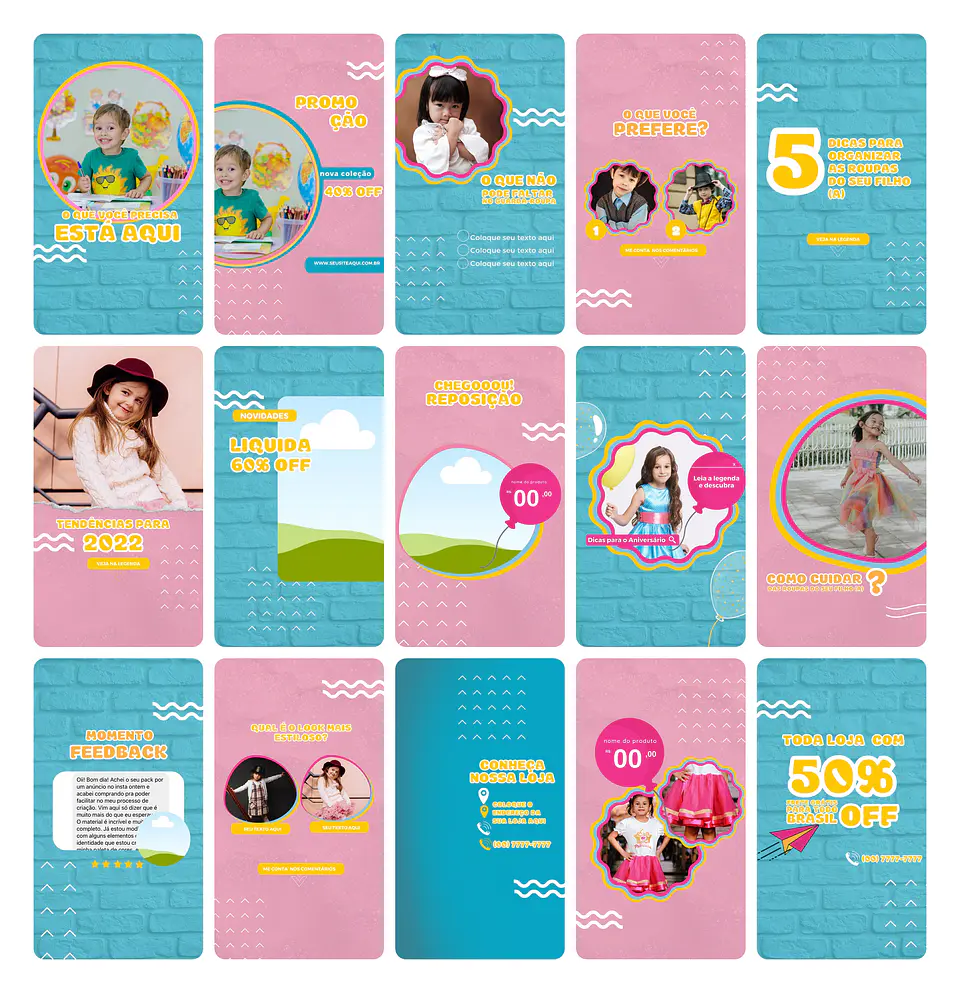 Pack Canva Loja de Roupa Infantil Kids Template Editável 30 Artes Animados Storie + Bônus 1