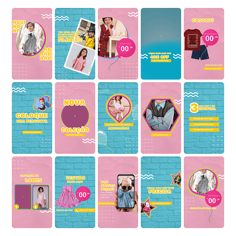 Pack Canva Loja de Roupa Infantil Kids Template Editável 30 Artes Animados Storie + Bônus