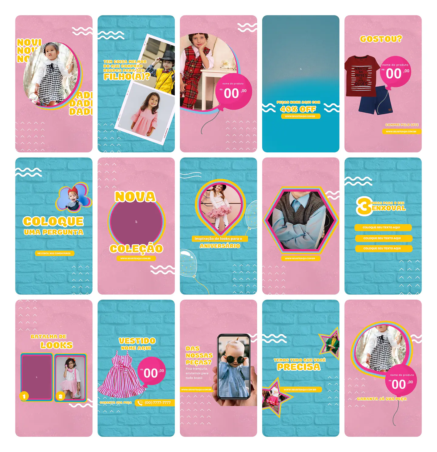 Pack Canva Loja de Roupa Infantil Kids Template Editável 30 Artes Animados Storie + Bônus 2