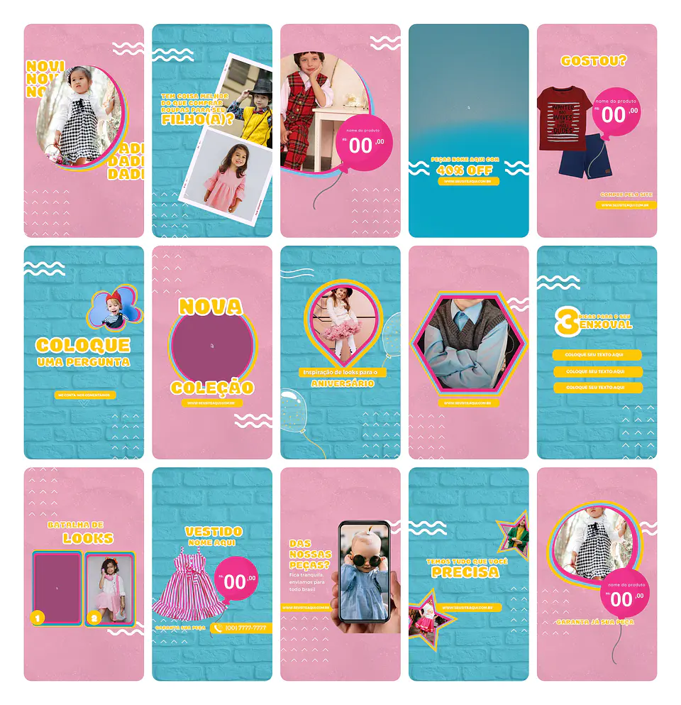 Pack Canva Loja de Roupa Infantil Kids Template Editável 30 Artes Animados Storie + Bônus 2
