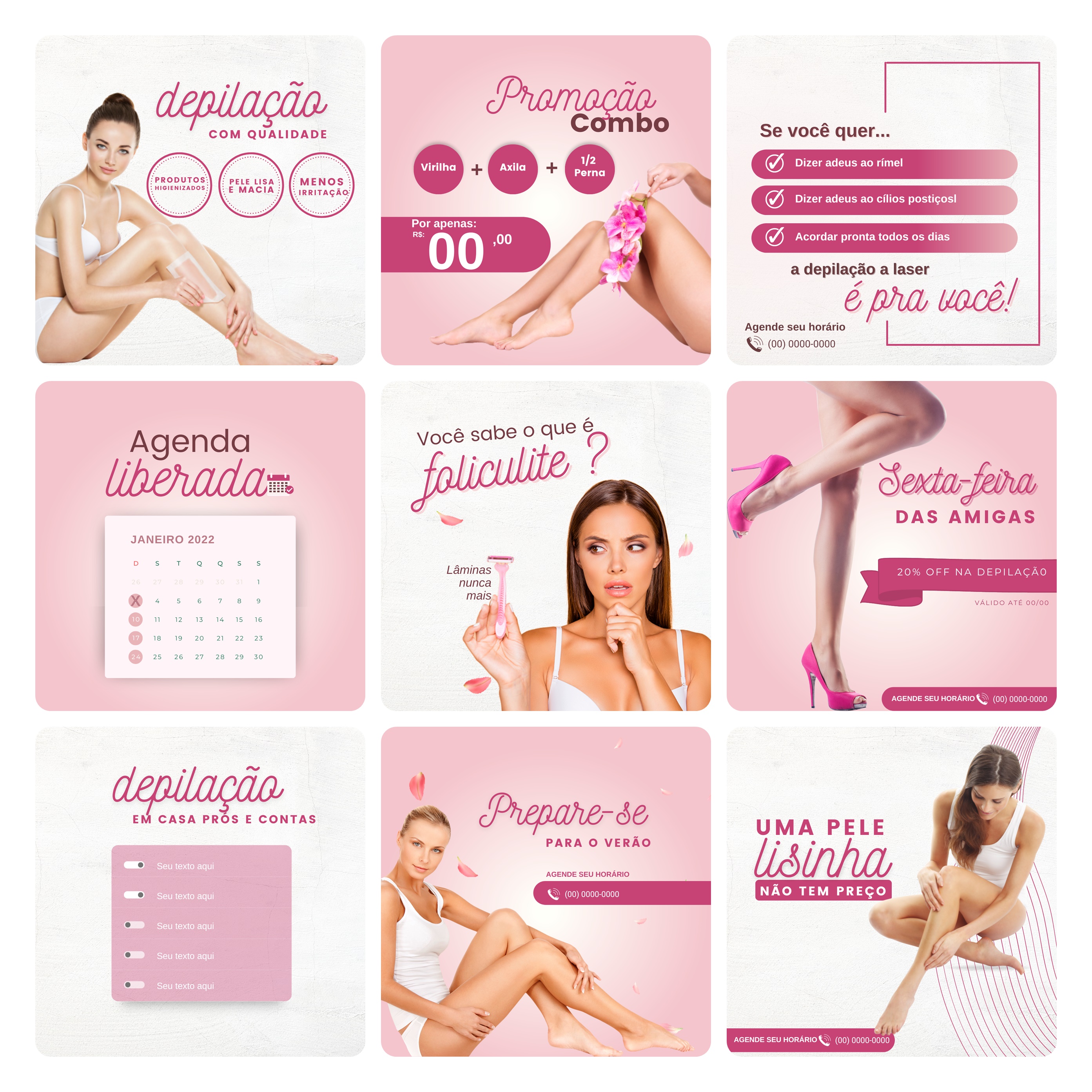 Pack Canva Depilação Epilação Template Editável 30 Artes + Bônus