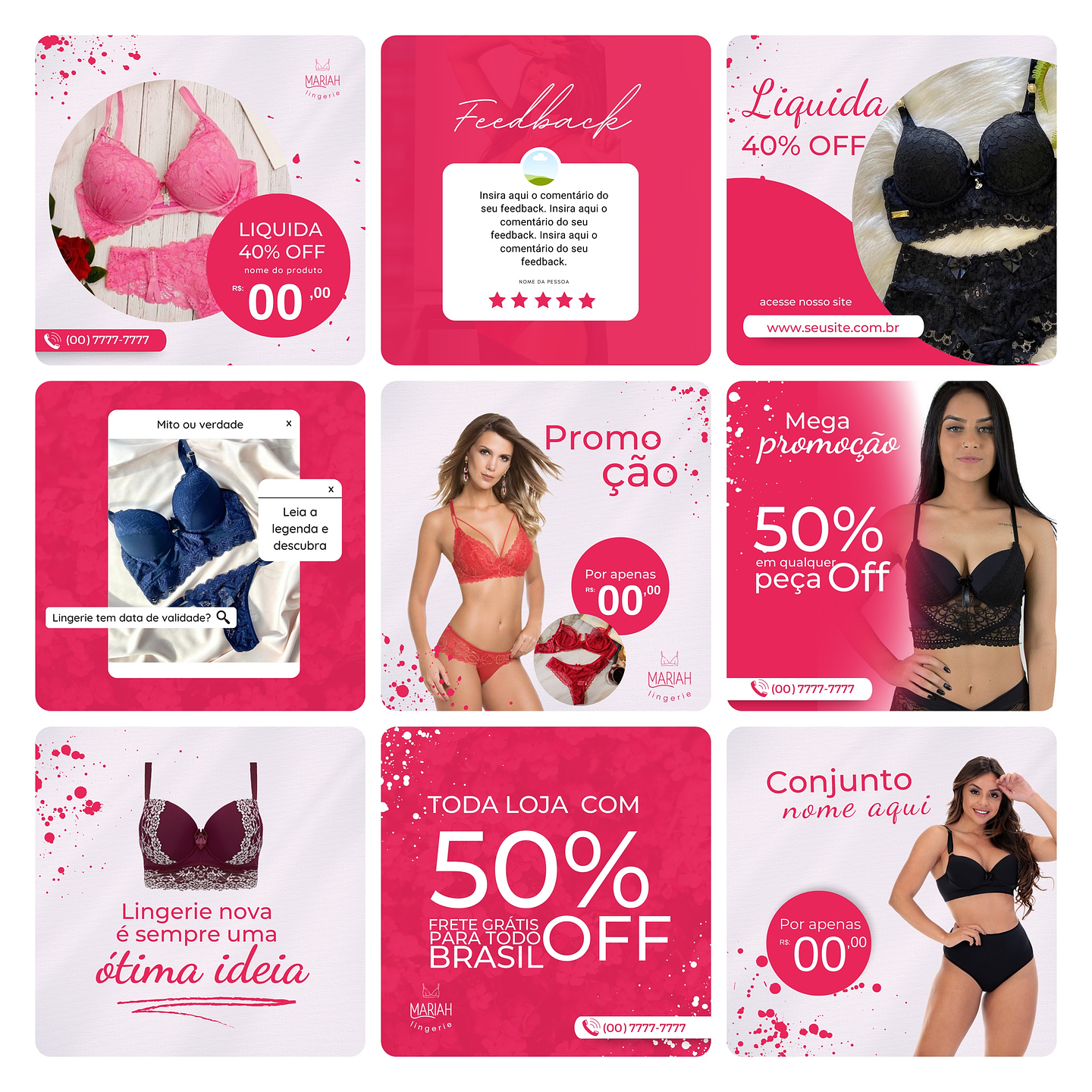 Pack Canva Moda Íntima Lingerie Template Editável 30 Artes + Bônus 1