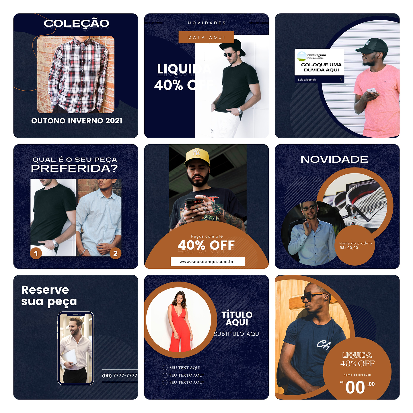 Pack Canva Moda Masculina Template Editável 30 Artes + Bônus 1
