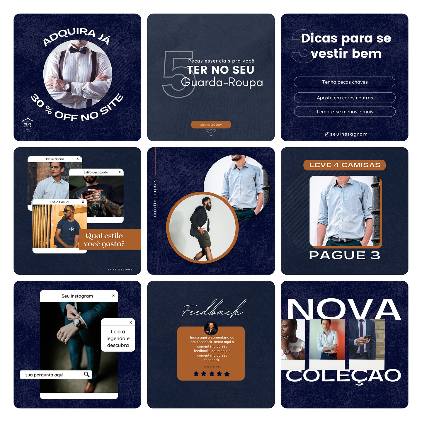 Pack Canva Moda Masculina Template Editável 30 Artes + Bônus 2