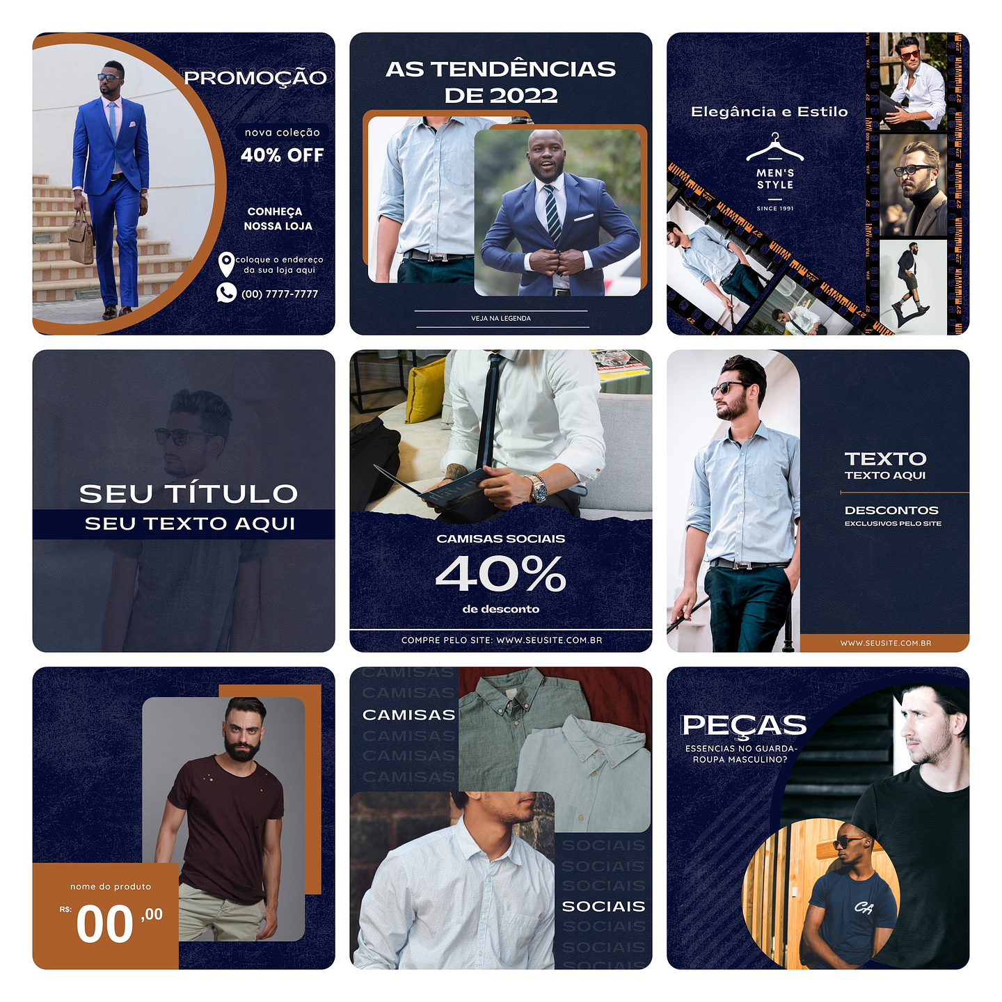 Pack Canva Moda Masculina Template Editável 30 Artes + Bônus 3