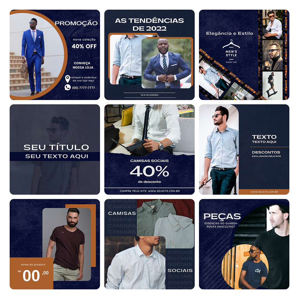 Pack Canva Moda Masculina Template Editável 30 Artes + Bônus 3