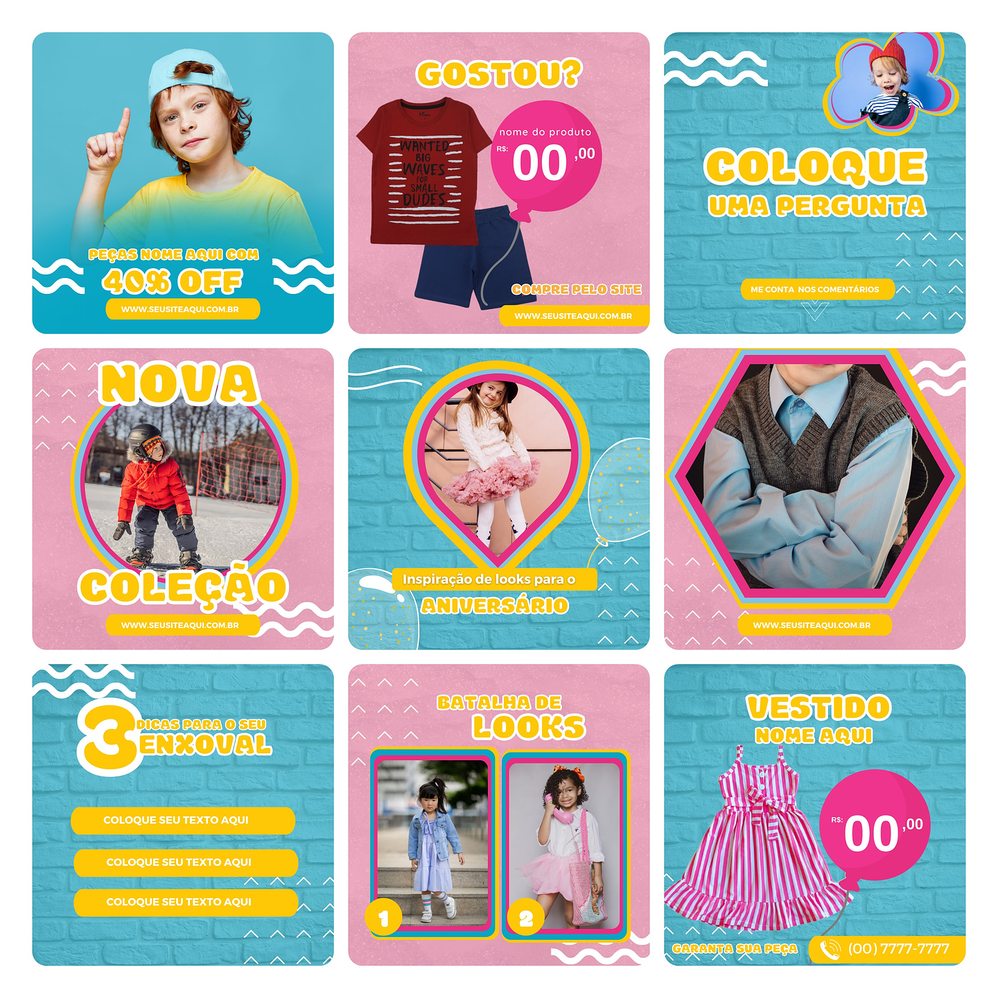 Pack Canva Loja de Roupa Infantil Kids Template Editável 30 Artes + Bônus 1