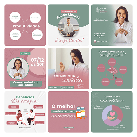 Pack Canva Psicólogos Template Editável 30 Artes + Bônus