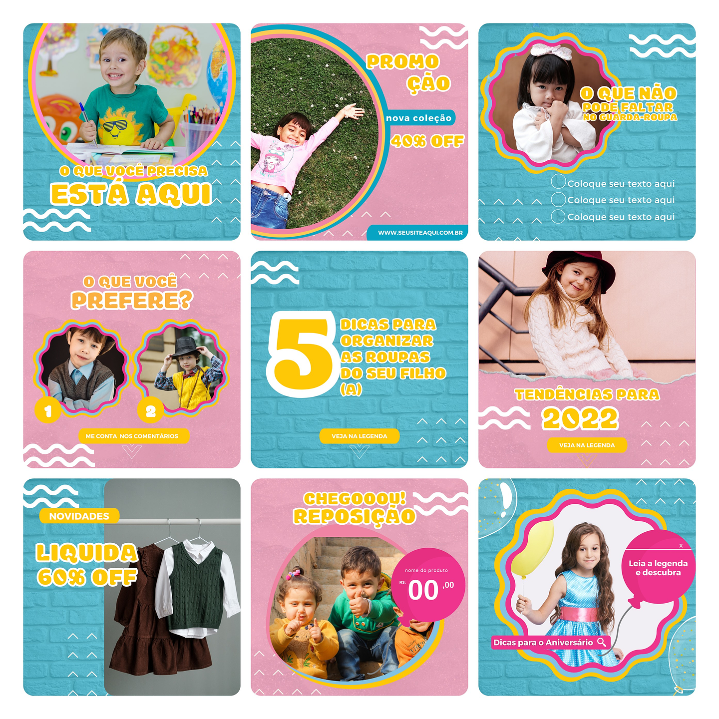 Pack Canva Loja de Roupa Infantil Kids Template Editável 30 Artes + Bônus 3