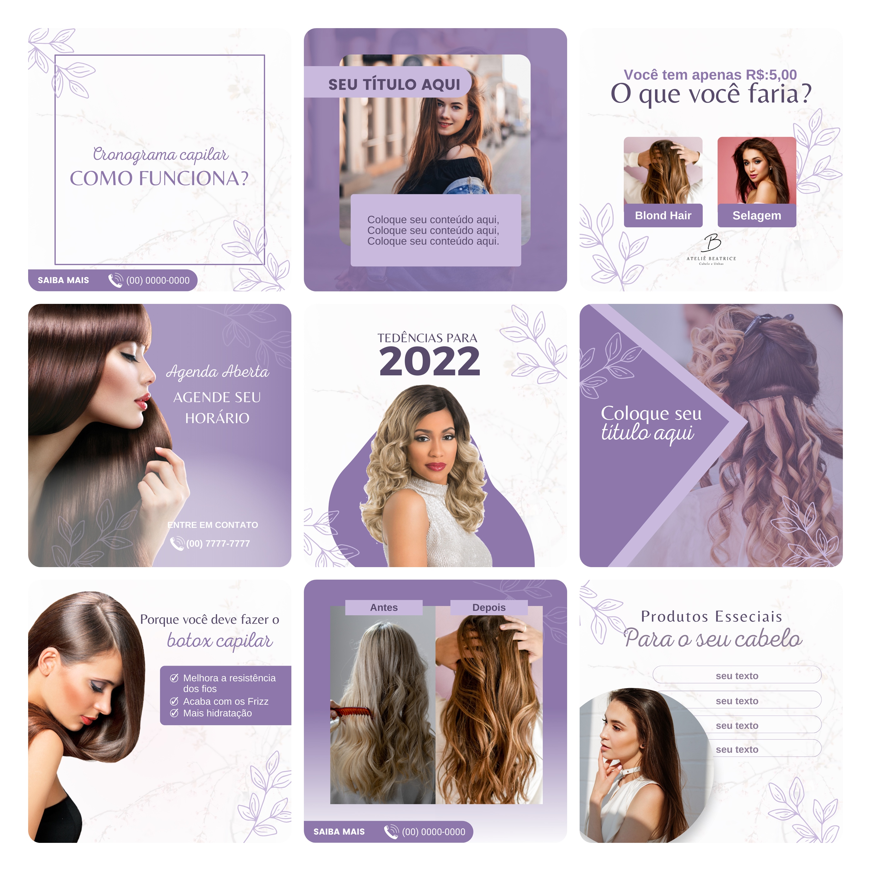 Pack Canva Salão de Beleza Template Editável 30 Artes + Bônus 2
