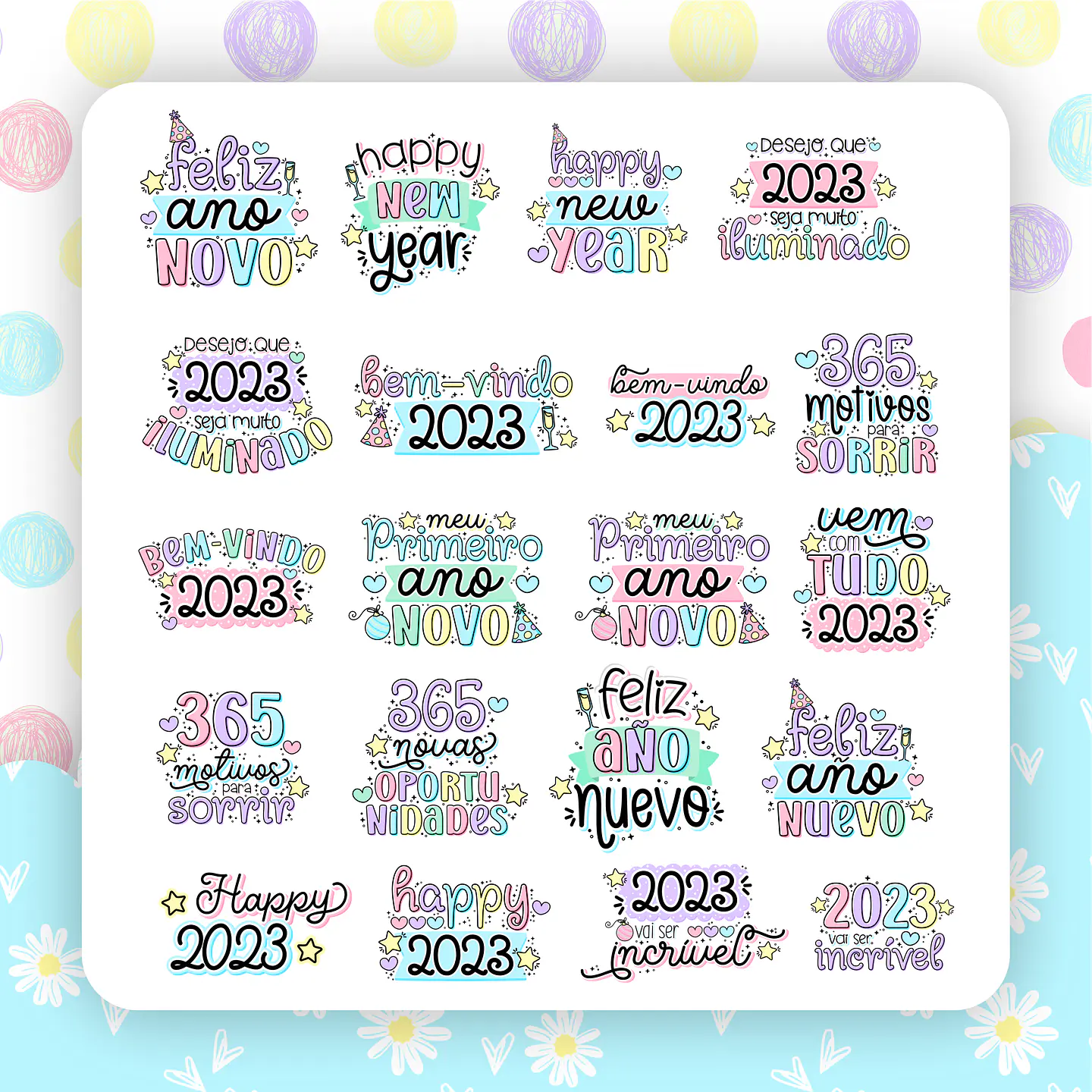 Kit Digital Ano Novo 2023 Lettering Frases Elementos Arquivos sem fundo Png 3