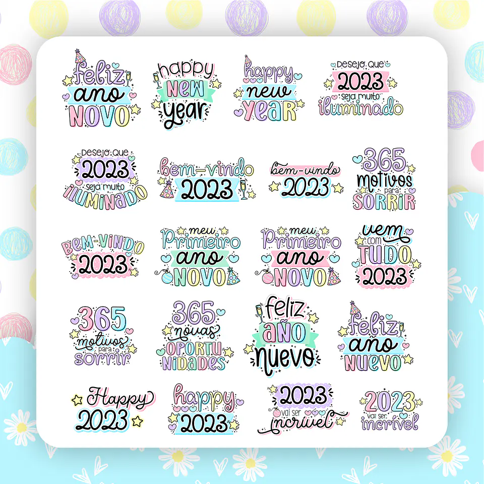 Kit Digital Ano Novo 2023 Lettering Frases Elementos Arquivos sem fundo Png 3