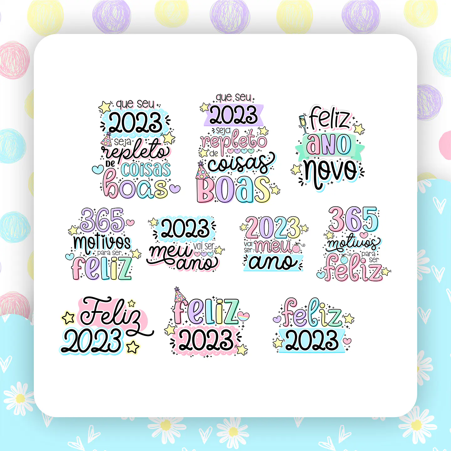 Kit Digital Ano Novo 2023 Lettering Frases Elementos Arquivos sem fundo Png 4