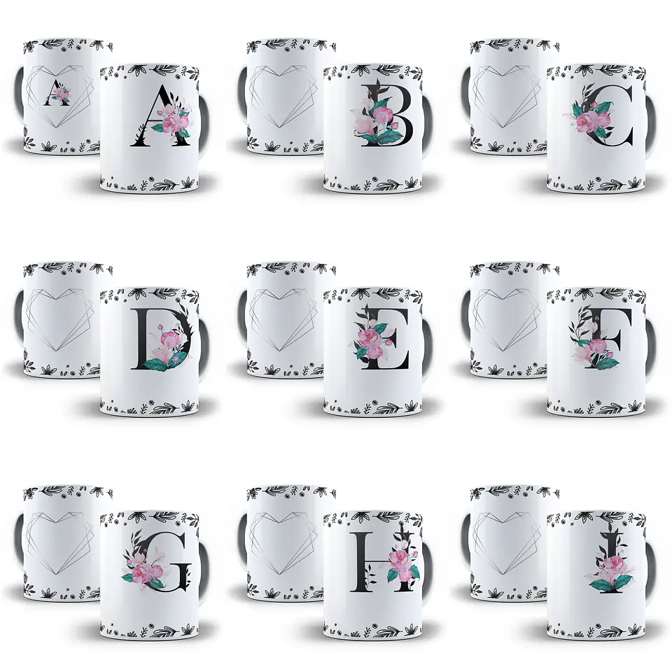 26 Arte para Caneca Alfabeto Floral Preto em Jpg   1