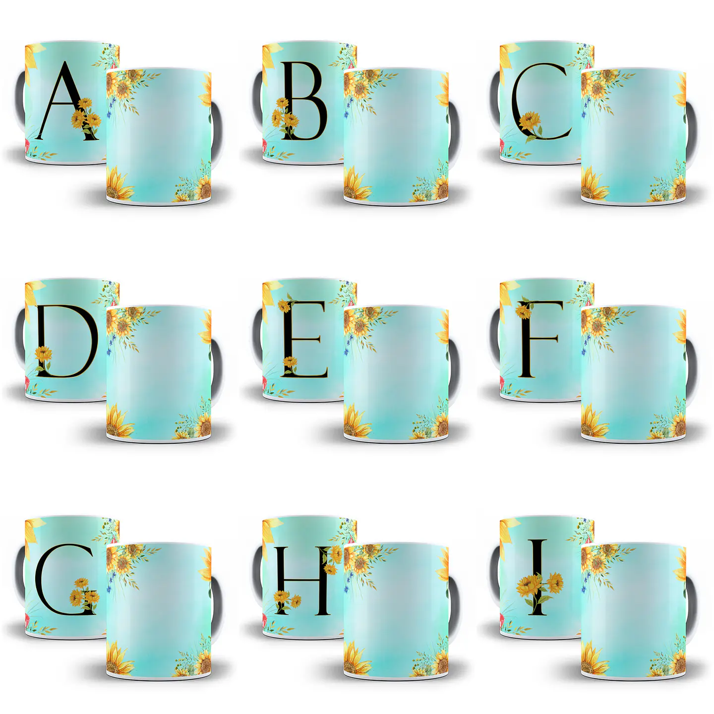 26 Arte para Caneca Alfabeto Girassol Verde em Jpg   2