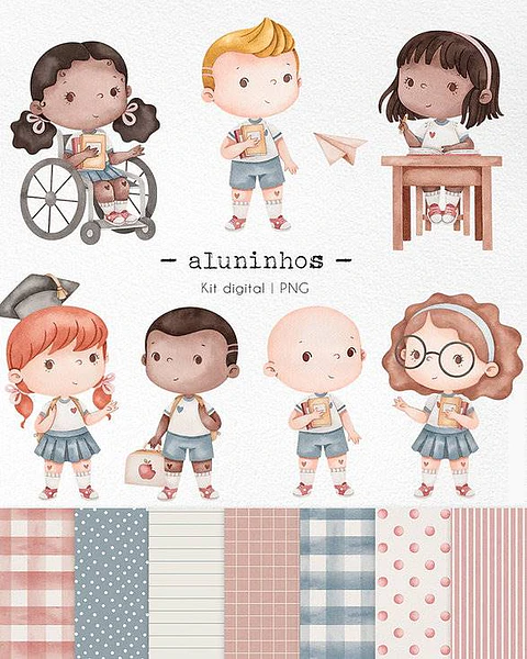 Kit Digital Aluninhos em Aquarela  sem fundo Png 