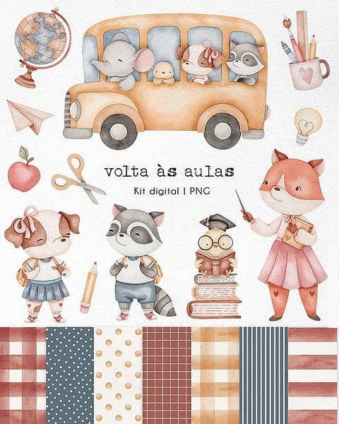 Kit Digital Volta as Aulas em Aquarela sem fundo Png  