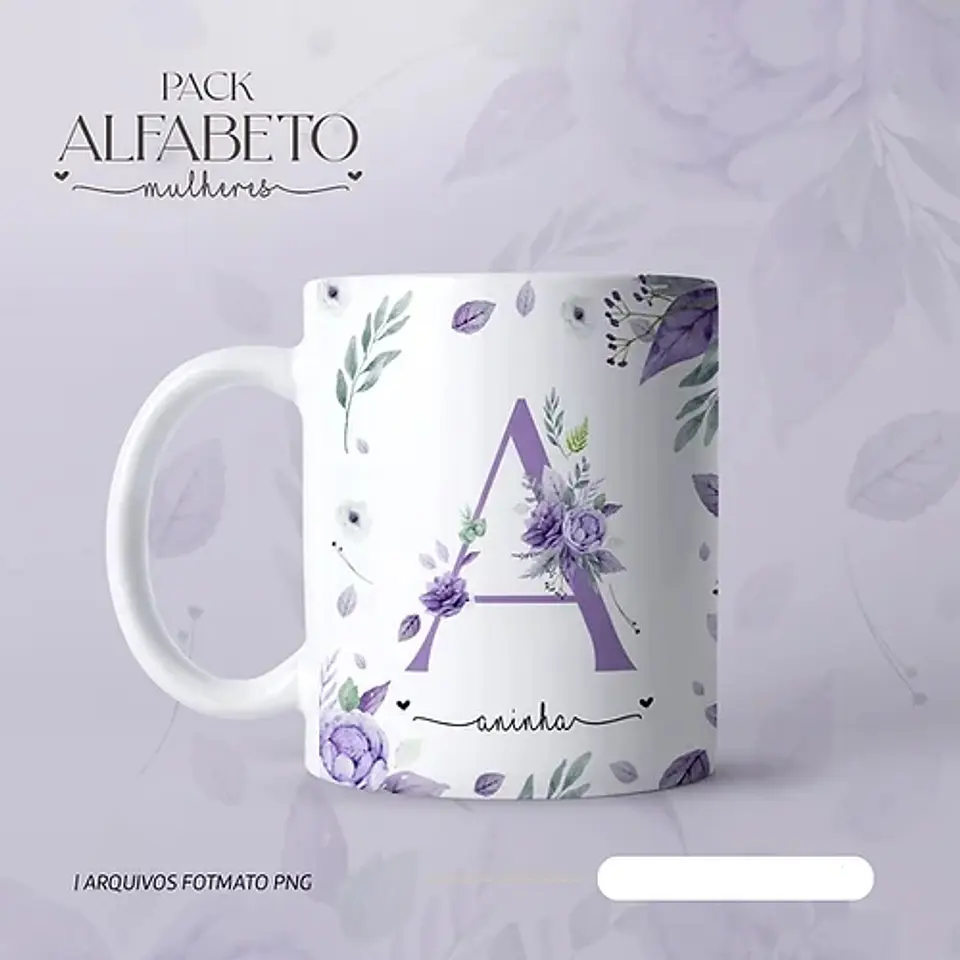 26 Arte para Caneca Alfabeto Mulheres Flores em Jpg 3