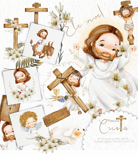 Kit Digital Pascoa Cristã Aquarela em Png
