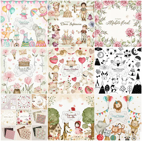 29 Kits Digital em Aquarela Temas Aleatórios em Png