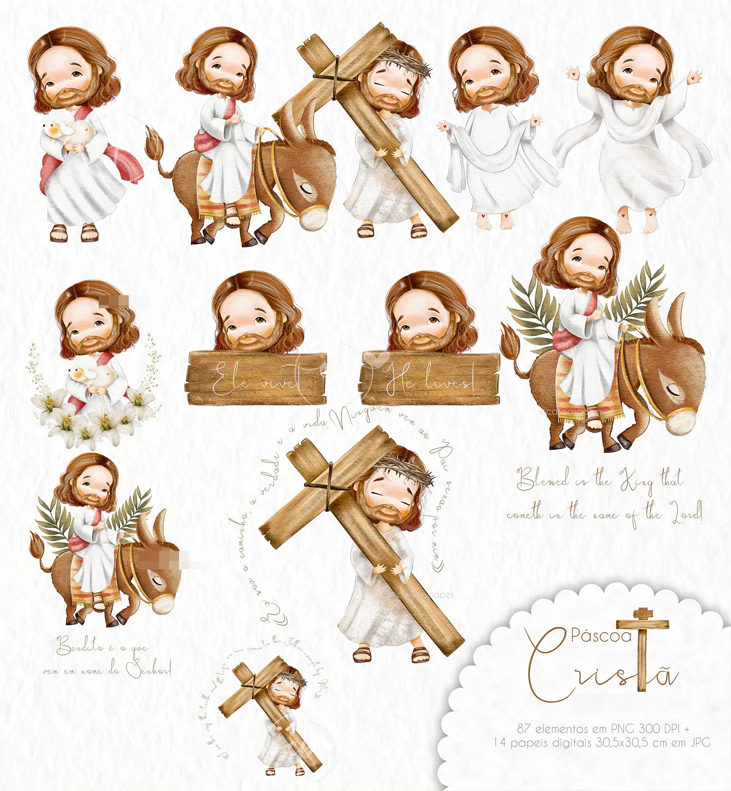 Kit Digital Pascoa Cristã Aquarela em Png 3