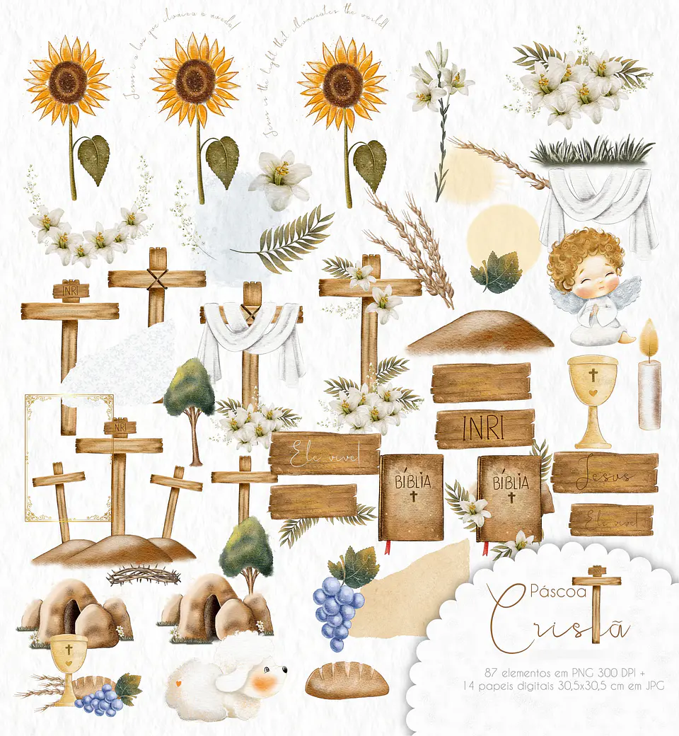 Kit Digital Pascoa Cristã Aquarela em Png 4