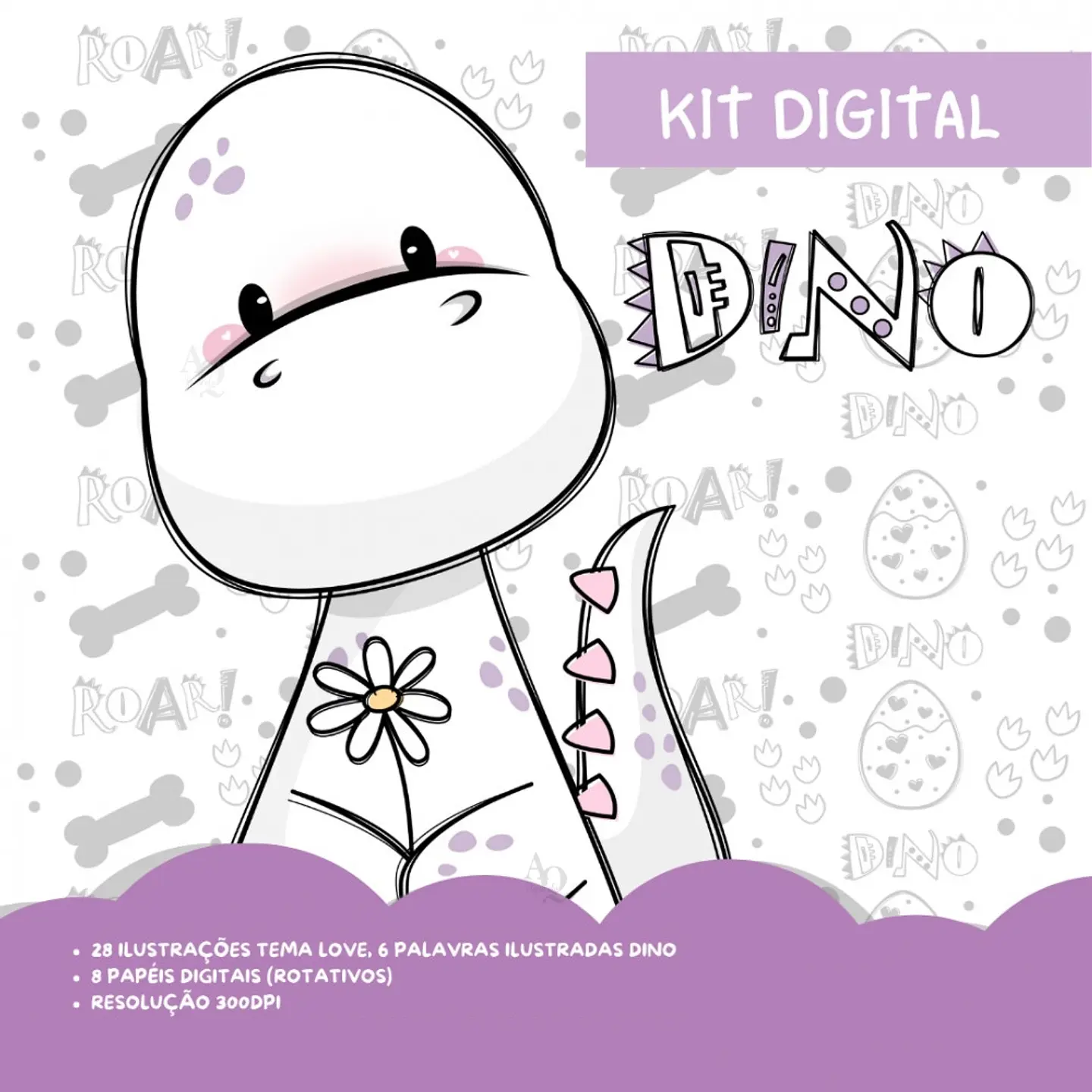 Kit Digital Dino Minimalista + Color em Png 2