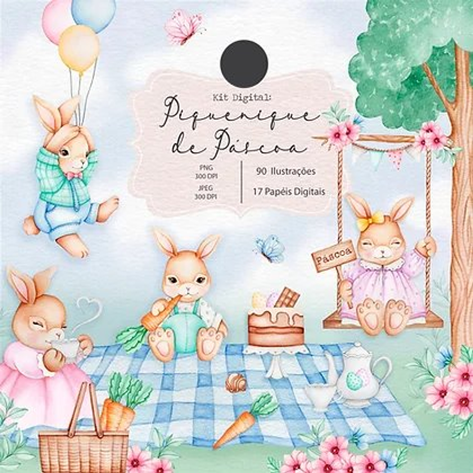 Kit Digital Piquenique de Pascoa Aquarela em Png  1
