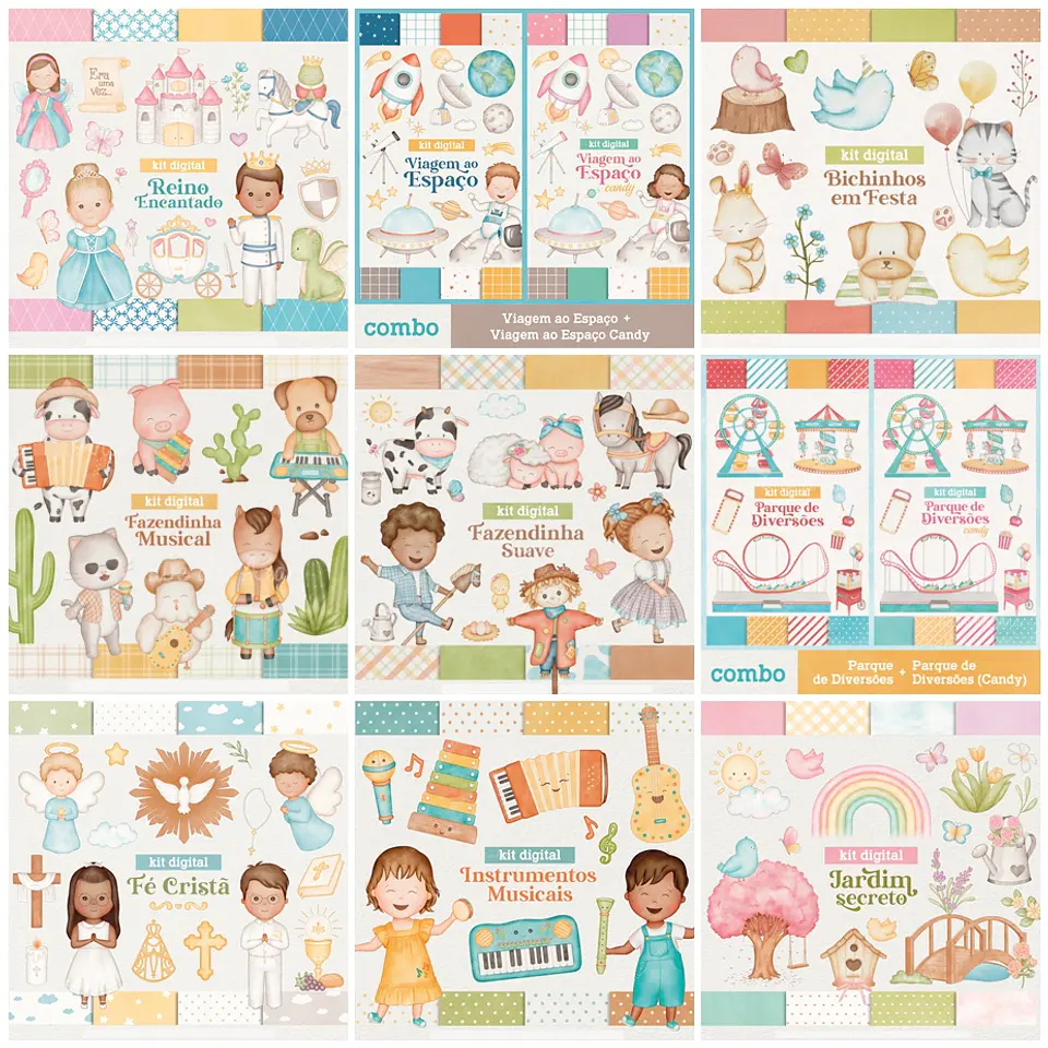 Combo 11 Kits em Aquarela Temas Aleatórios em Png 1