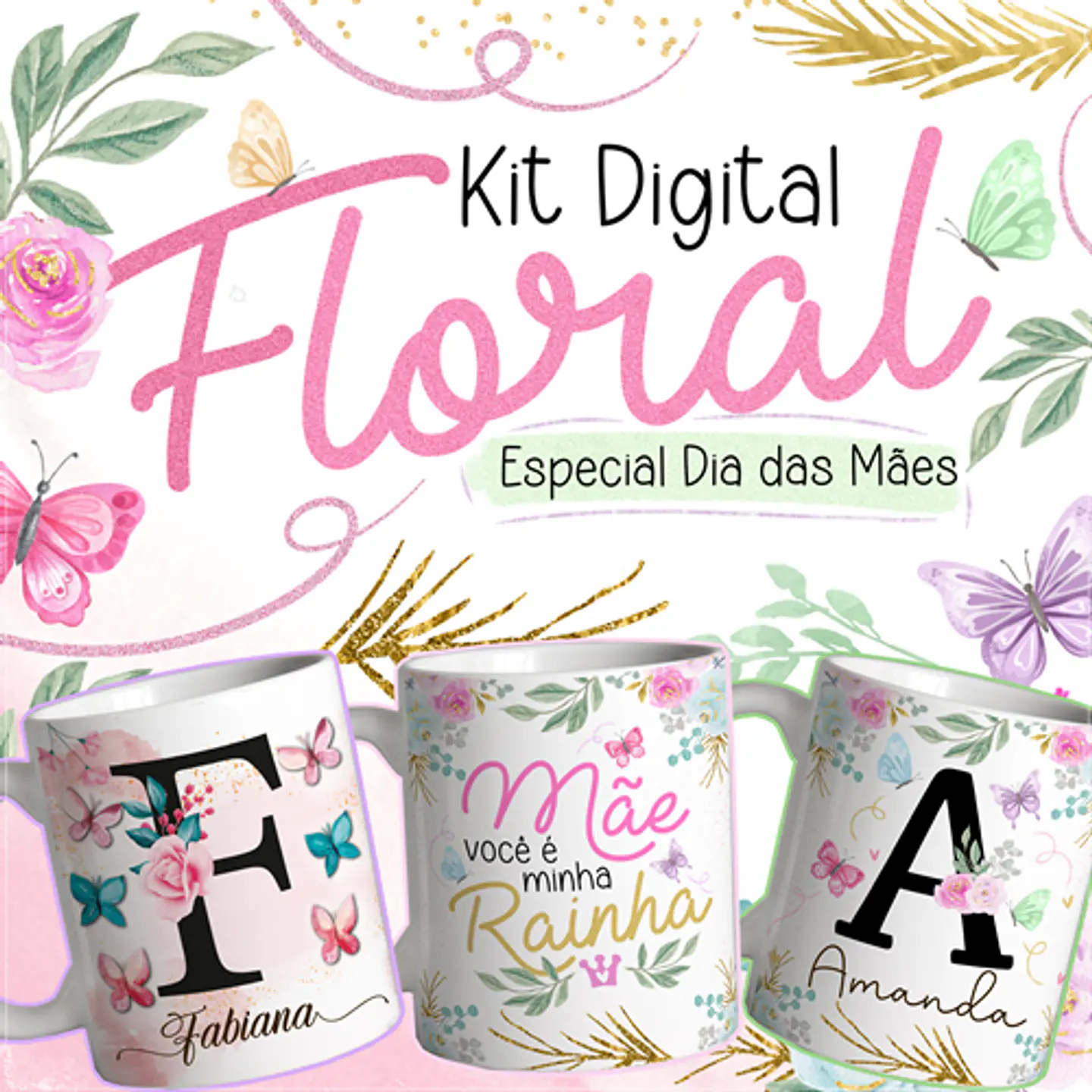 Artes para Caneca Floral Alfabeto Dia das Mães em Jpg 1