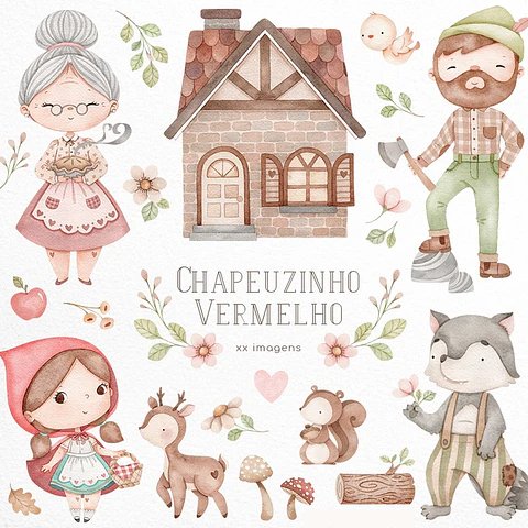 Kit Digital Chapeuzinho Vermelho em Aquarela Png