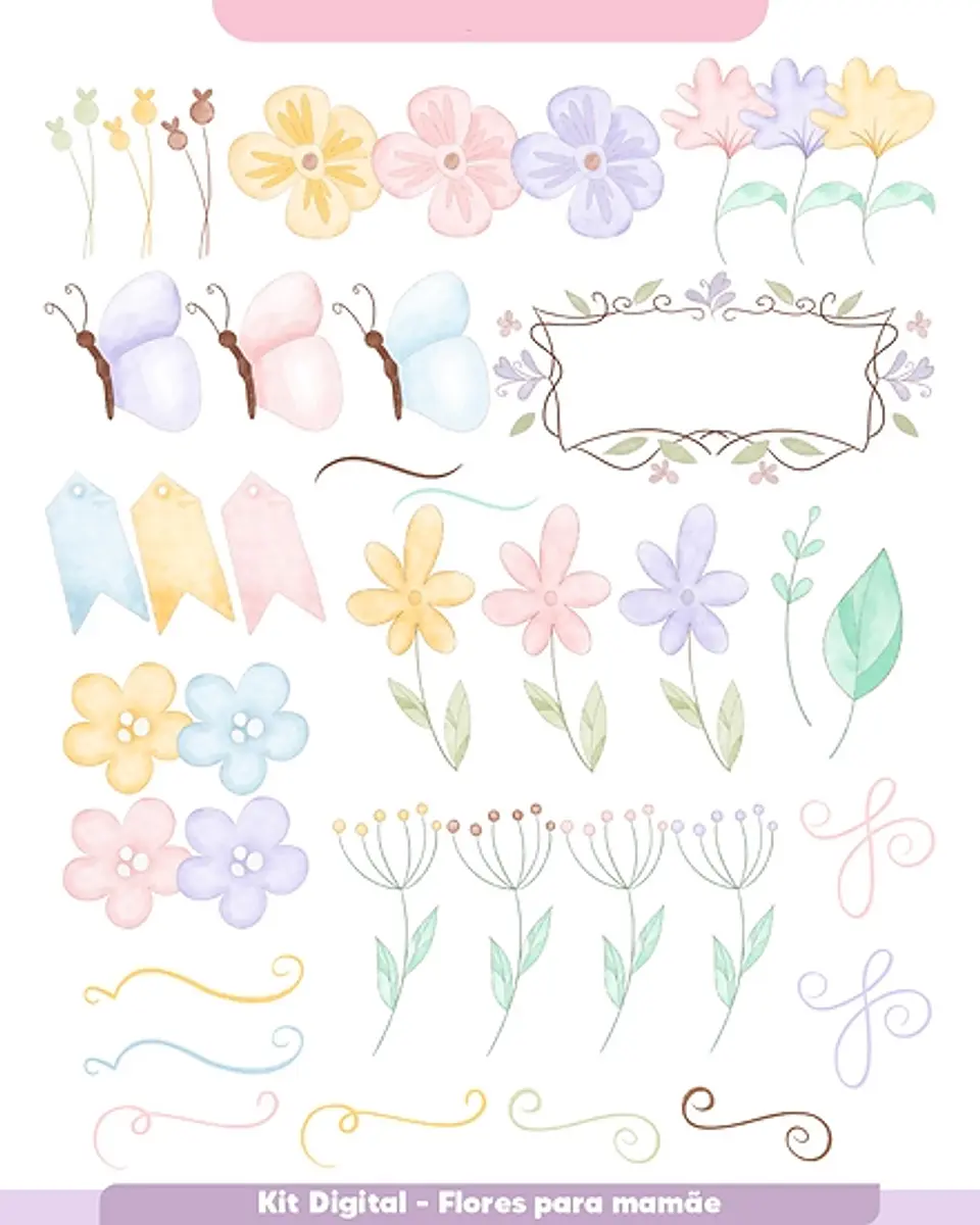 Kit Digital Flores Dia das Mães em Aquarela em Png 4