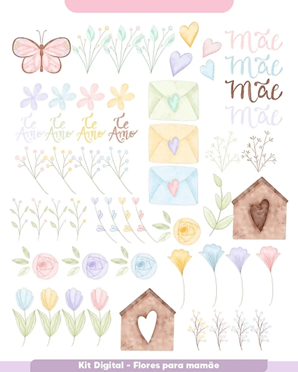 Kit Digital Flores Dia das Mães em Aquarela em Png 5